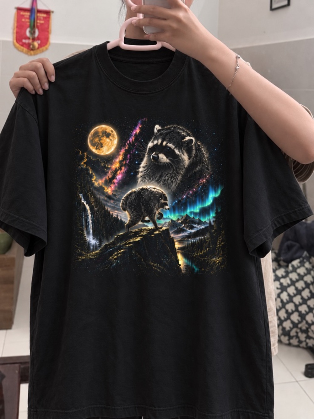 Moon Jimothy Racoon - Round King Cottagecore Animal Graphic Black Tee